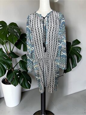 Tolani 100% Silk Boho Tunic Dress L Blue Geometric Tassel Festival Cover Up